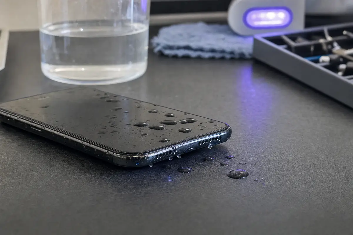 Smartphone bagnato su banco da lavoro, con gocce d’acqua vicino alla griglia dello speaker inferiore