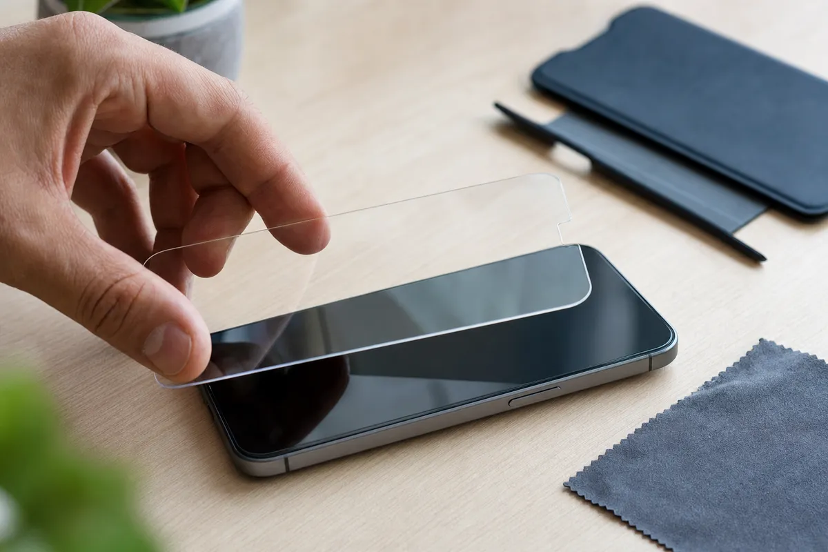 Mano che allinea una pellicola in vetro temperato sopra lo schermo nero di uno smartphone su una scrivania