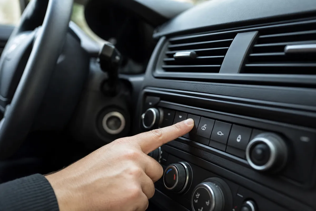 Mano che preme un pulsante sul cruscotto di un’auto moderna, vicino ai comandi del climatizzatore