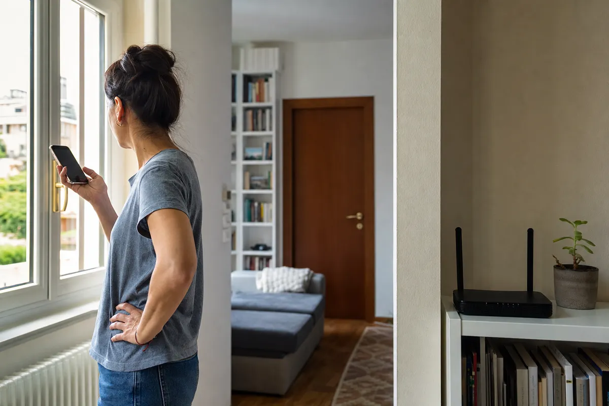 Donna vicino a una finestra controlla lo smartphone, con router Wi‑Fi su una mensola sullo sfondo