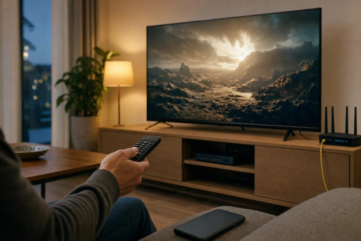 Persona sul divano con telecomando davanti a una smart TV accesa; smartphone sul divano e router con cavo Ethernet