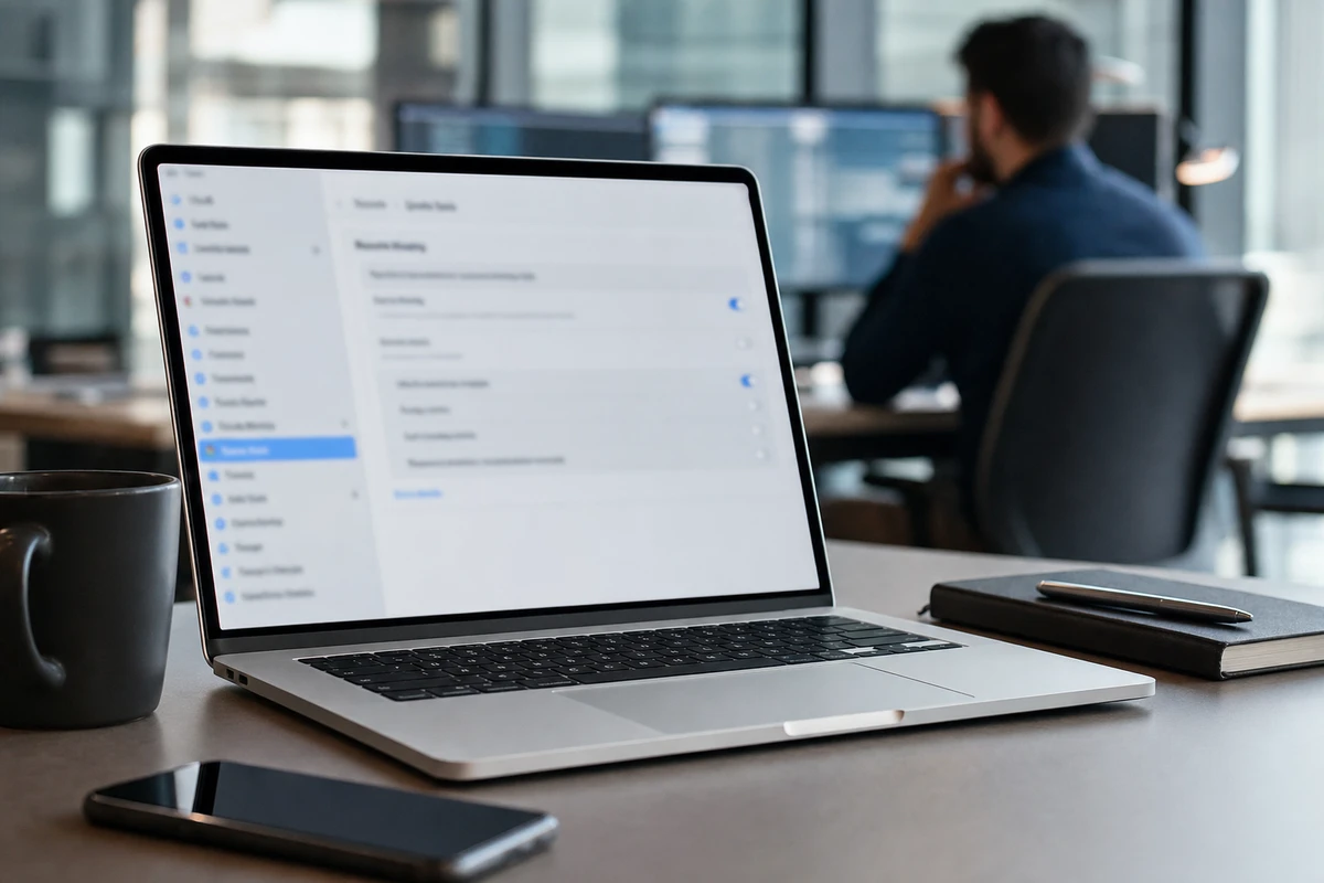 Laptop su scrivania con schermata di impostazioni di condivisione, tazza di caffè e smartphone, ufficio sullo sfondo