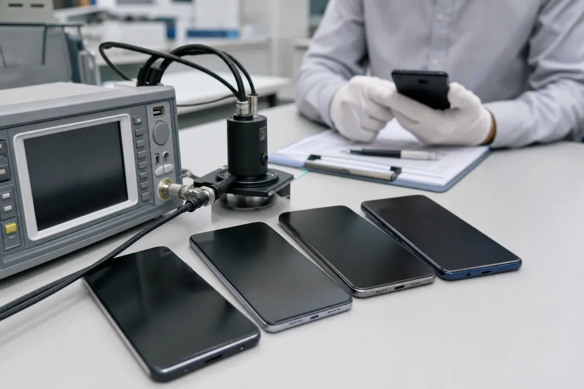 Smartphone generici su un banco con strumenti di misura e tecnico con guanti che controlla un telefono