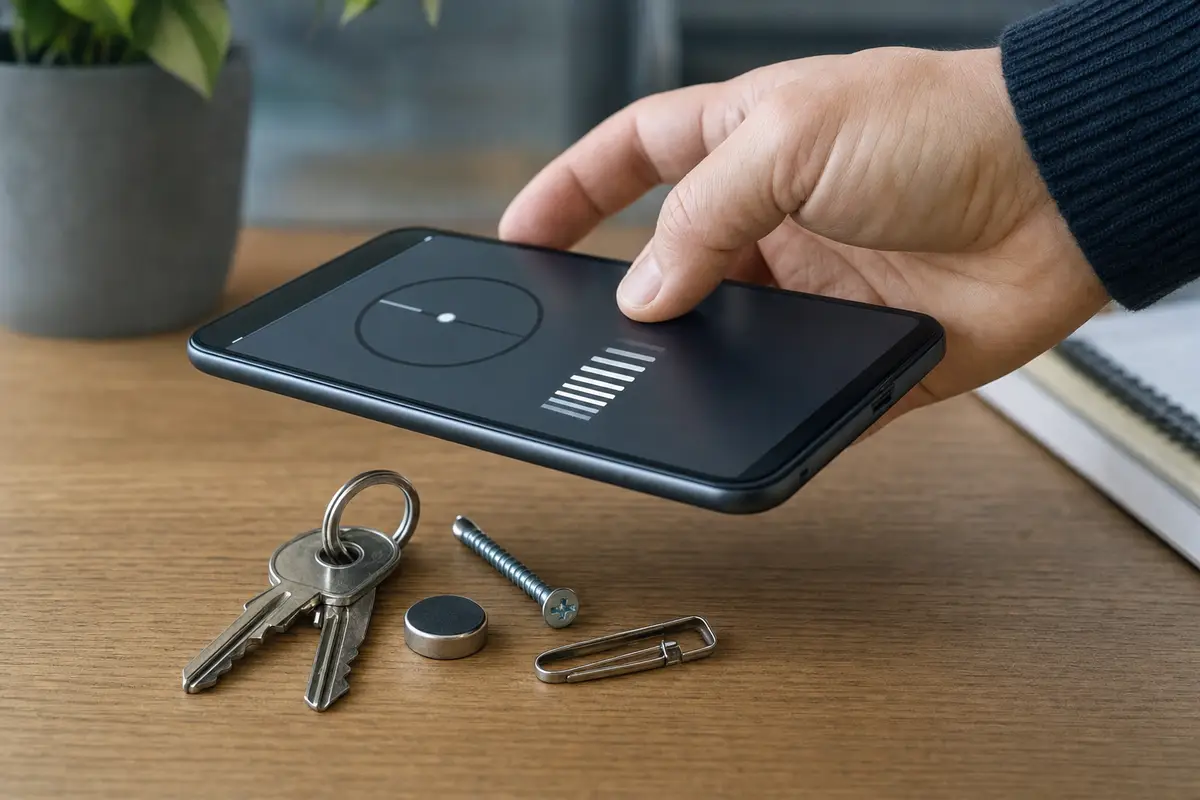 Mano con smartphone sopra chiavi, vite e graffetta su una scrivania, con interfaccia a barre sullo schermo