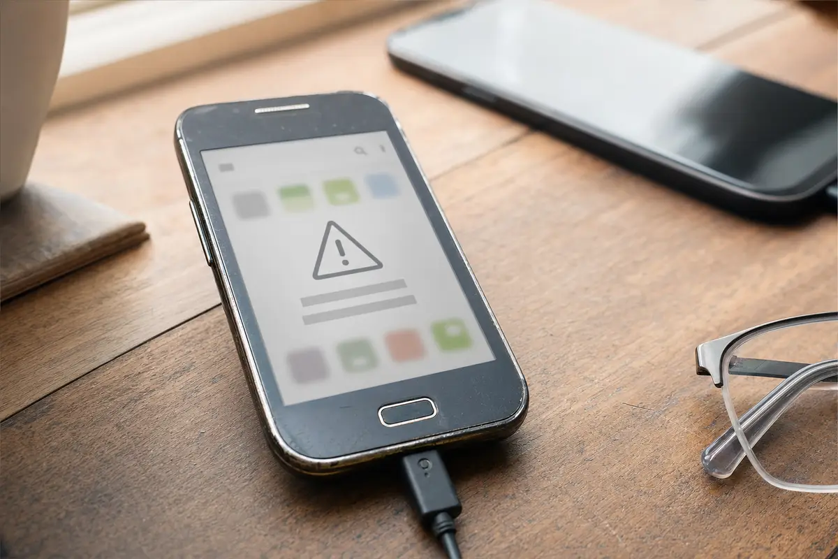 Vecchio smartphone con icona di avviso sullo schermo, su scrivania in legno con occhiali e un telefono più nuovo sullo sfondo