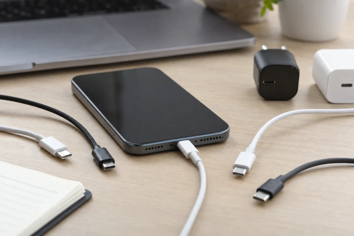 Smartphone con cavo USB-C collegato e altri cavi simili sul tavolo, accanto a due caricatori
