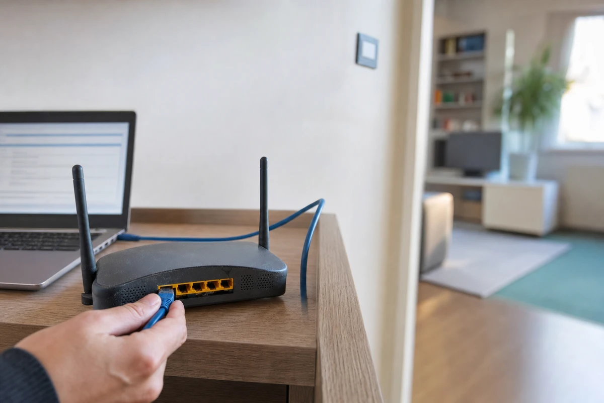 Mano che collega un cavo Ethernet a un vecchio router Wi‑Fi con due antenne su una scrivania, con laptop sullo sfondo