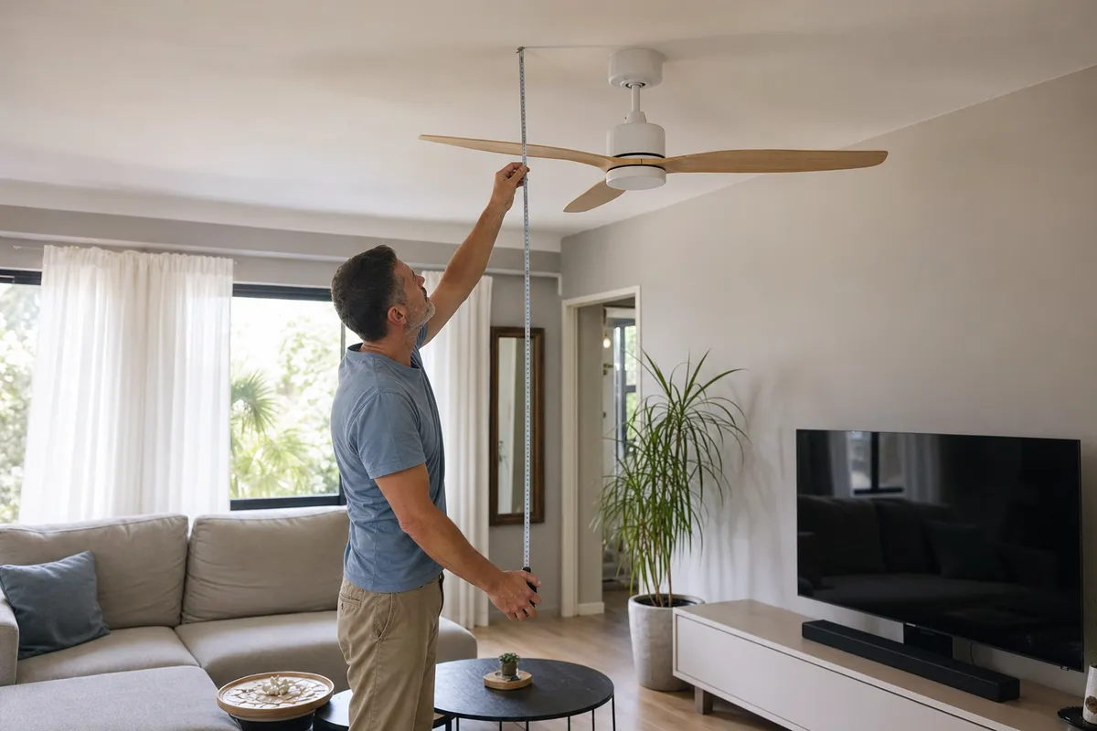 Uomo misura l’altezza di un ventilatore a soffitto con un metro in un soggiorno luminoso