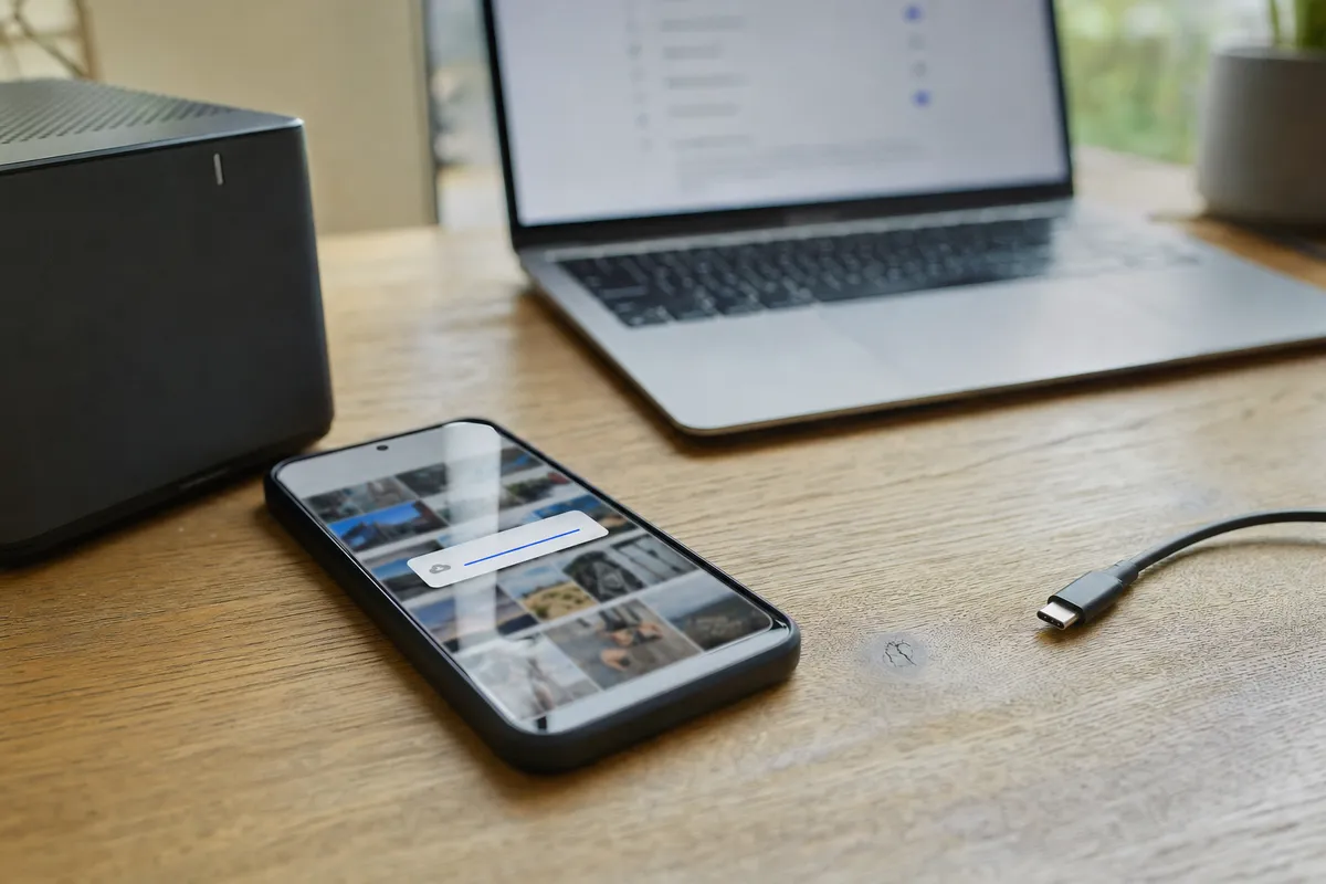 Smartphone con galleria foto e barra di caricamento su scrivania, con laptop sfocato, unità di archiviazione e cavo USB-C