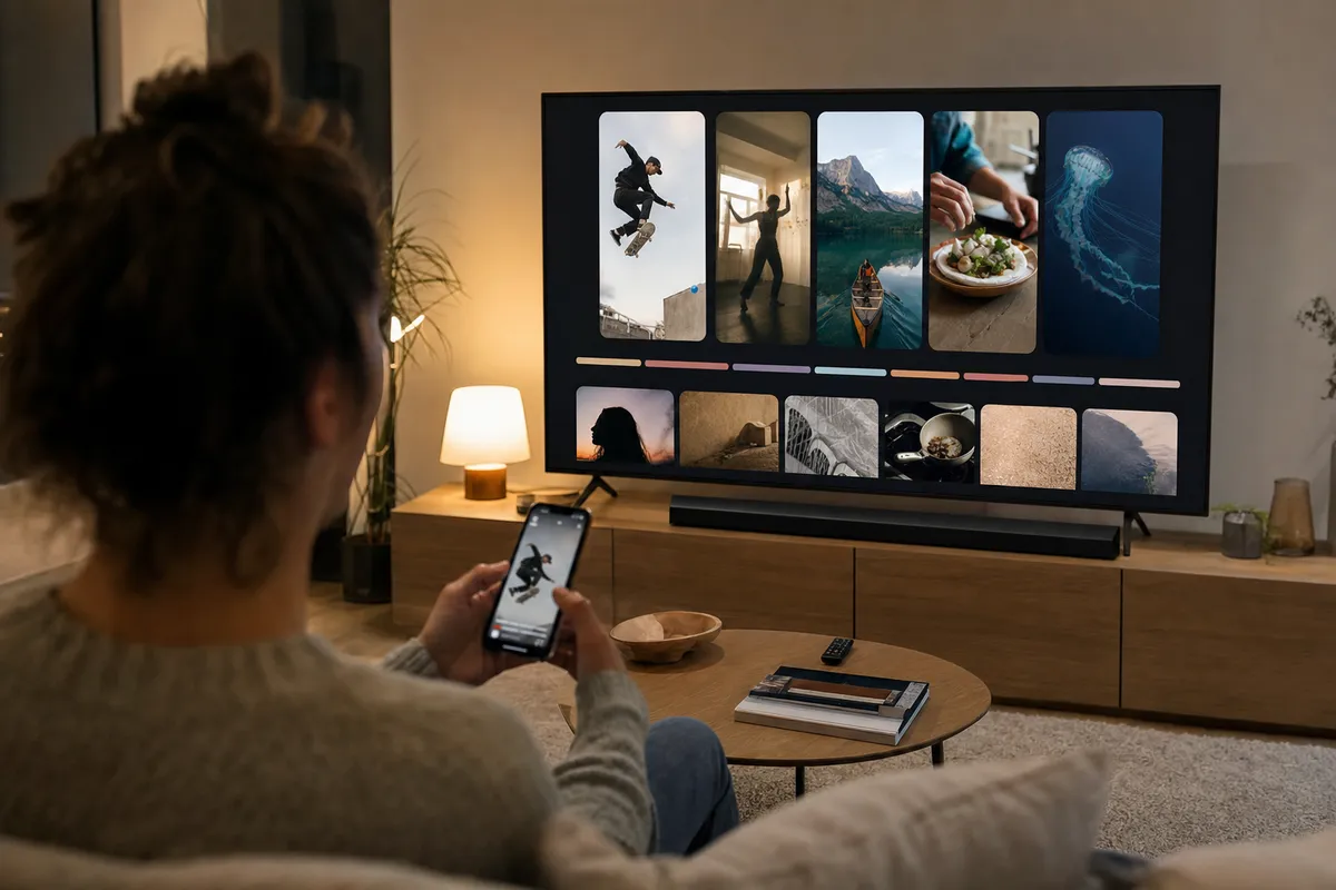 Persona sul divano con smartphone mentre una smart TV mostra una griglia di video verticali in salotto