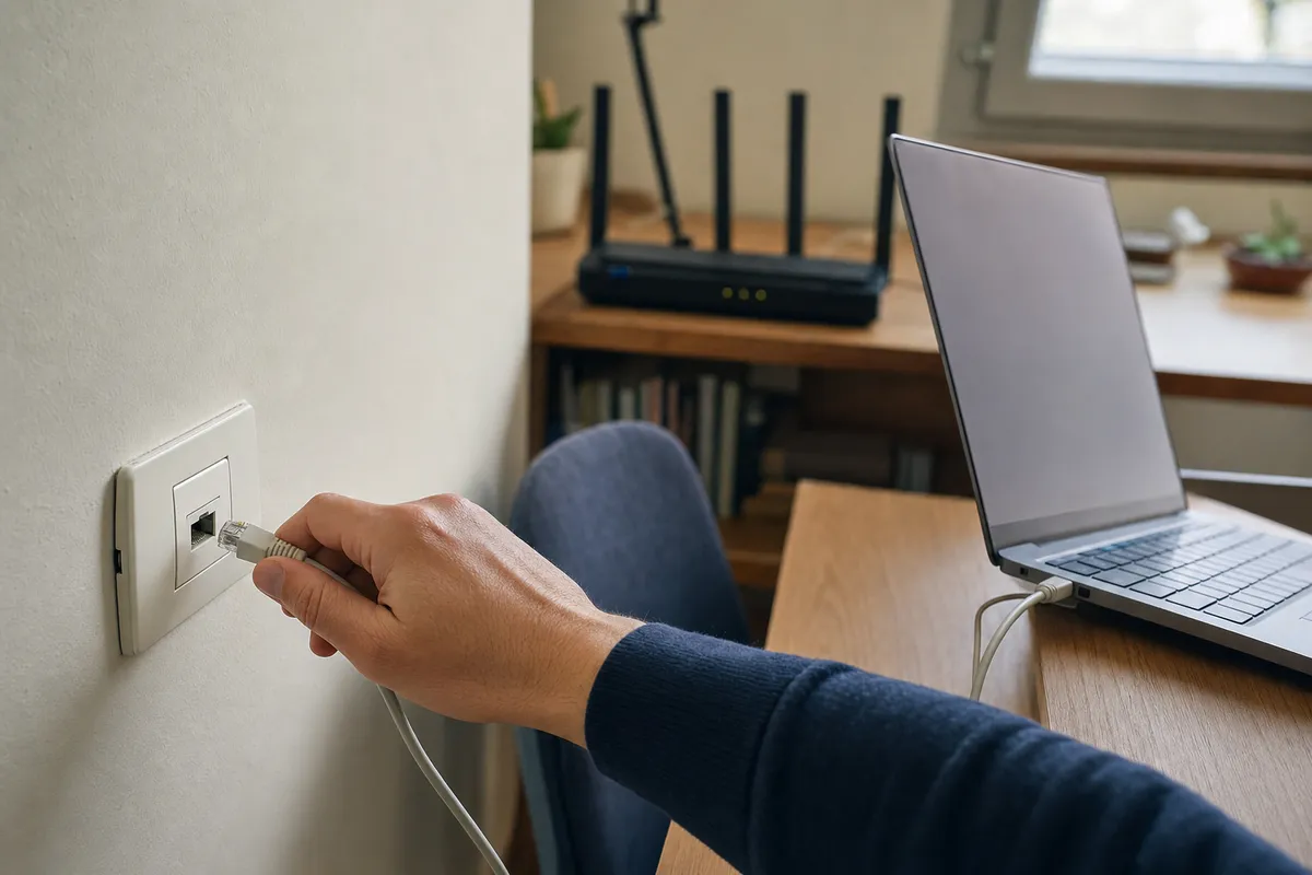 Mano che collega un cavo Ethernet a una presa a muro accanto a una scrivania con laptop e router sullo sfondo
