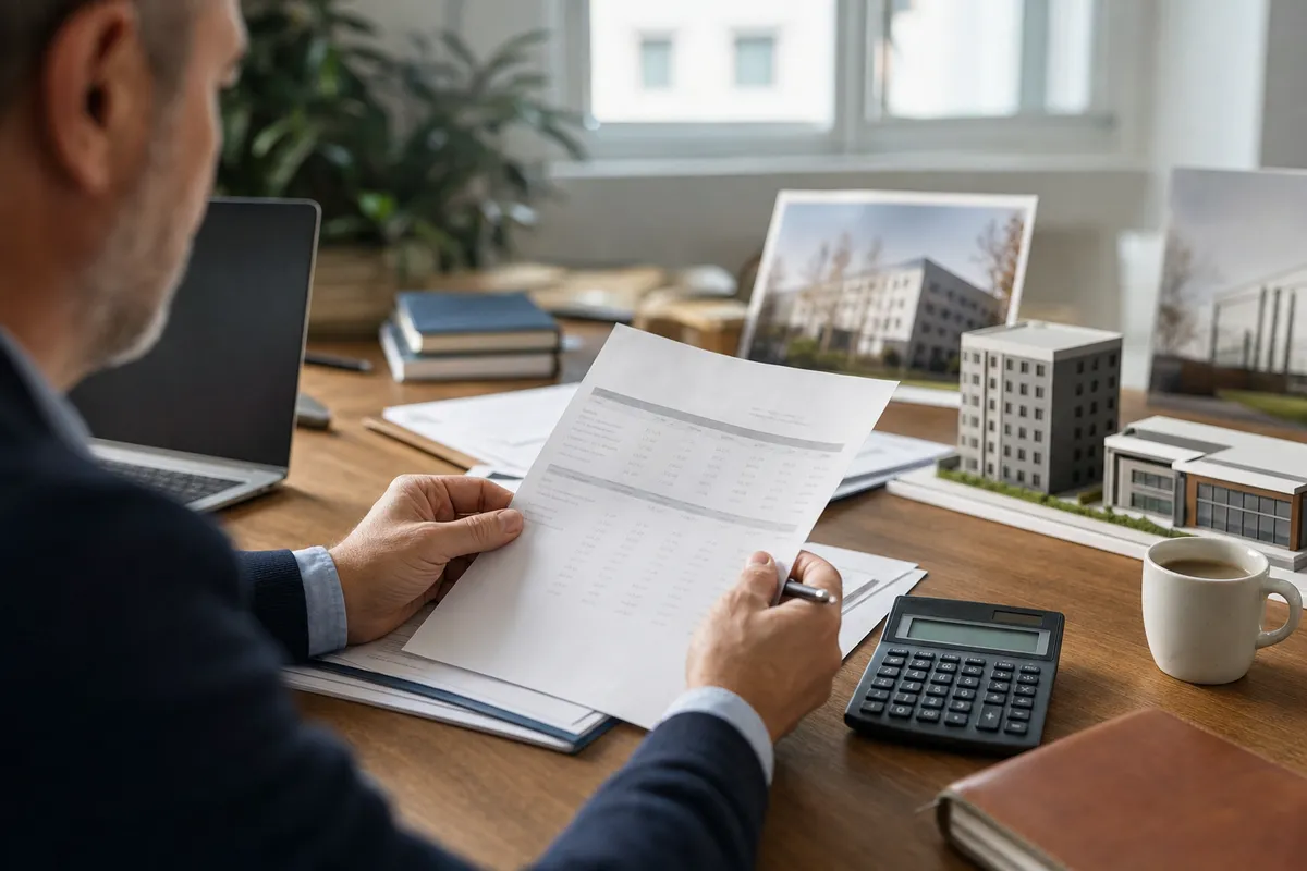 Investitore al desk con report finanziario, calcolatrice e modellini di edifici commerciali