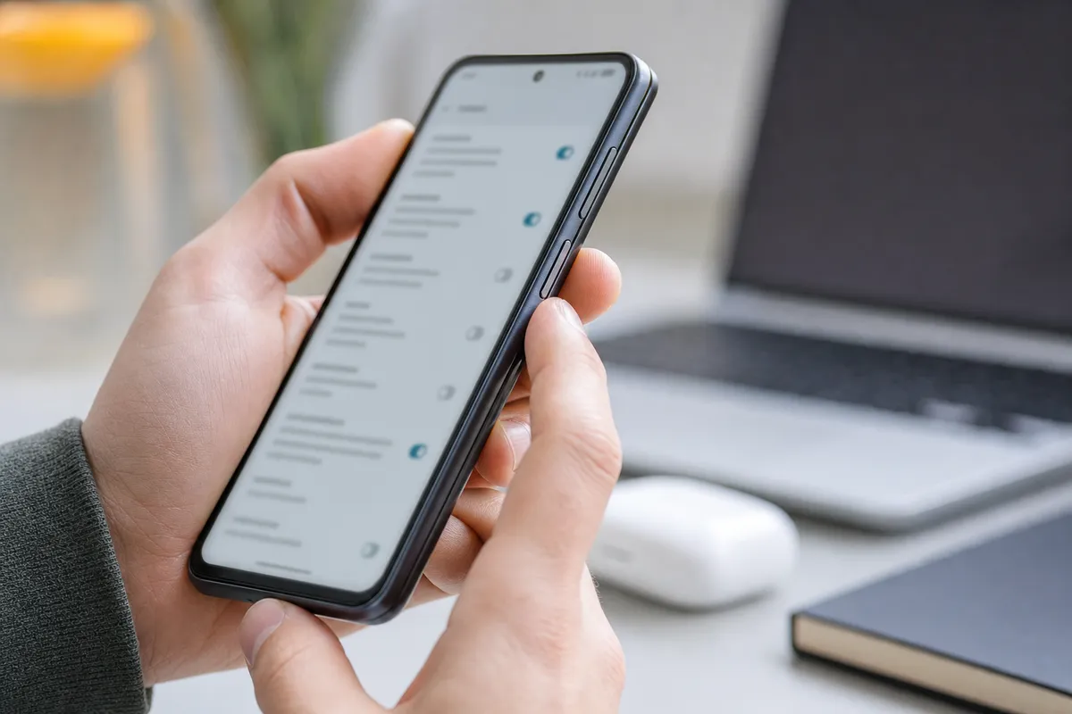 Mano che tiene uno smartphone con il dito vicino ai tasti volume, schermata impostazioni sfocata sul display