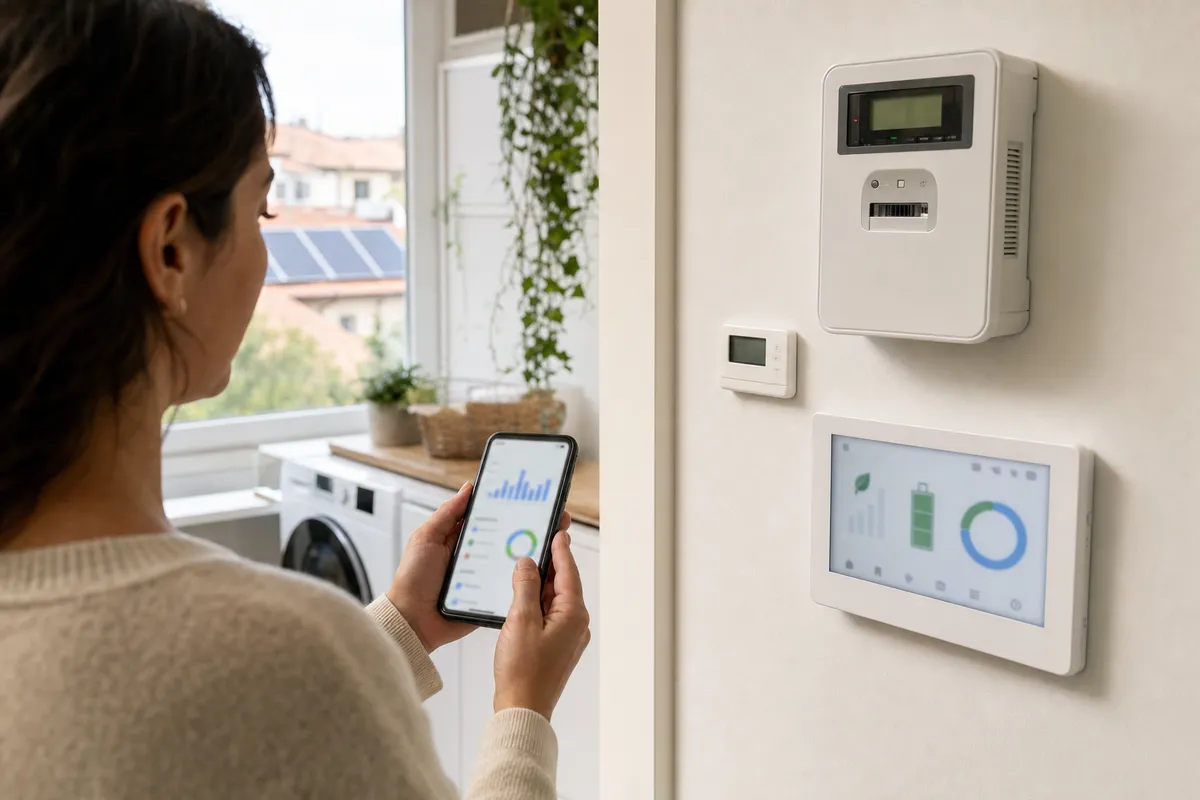 Persona controlla i consumi su smartphone accanto a contatore e pannello energia in casa, con lavatrice e pannelli solari