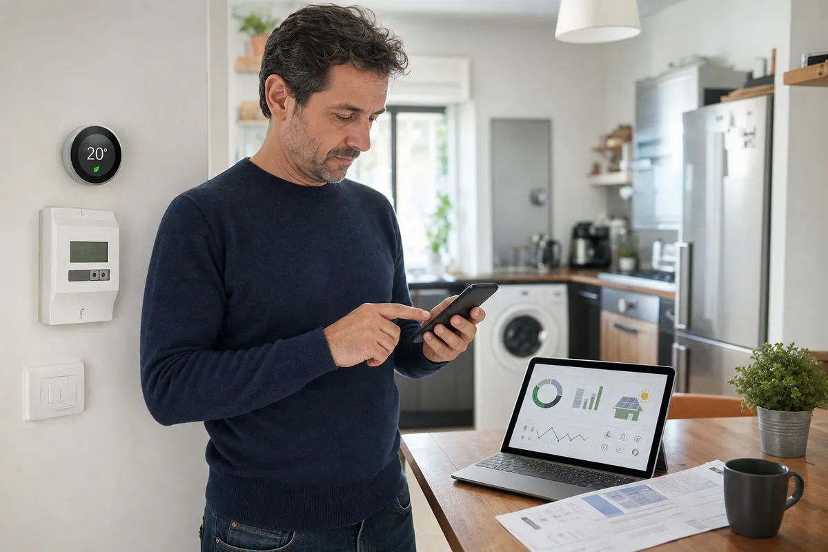 Uomo in cucina controlla consumi energetici sullo smartphone, con termostato e laptop con grafici sul tavolo
