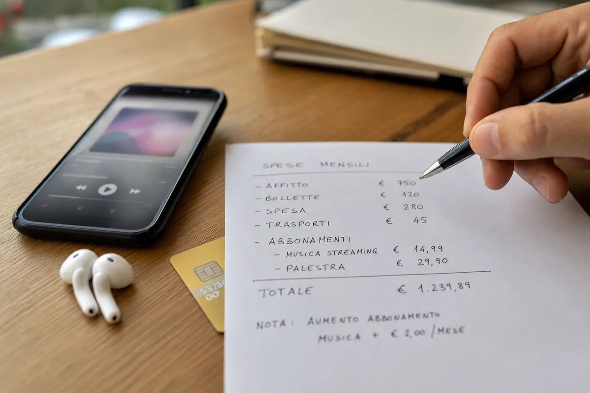 Smartphone con app musicale, auricolari e carta di credito accanto a un foglio di spese mensili con penna