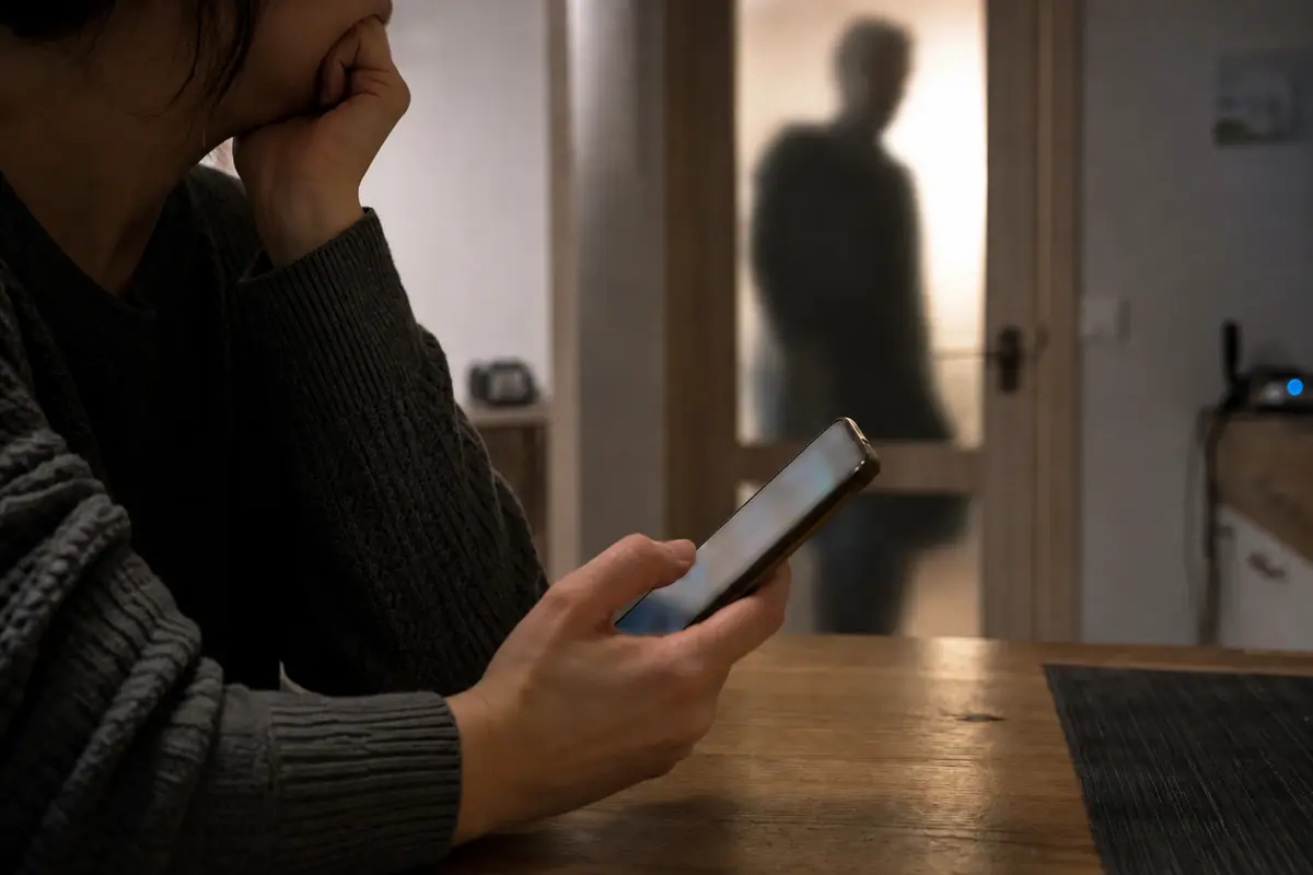 Persona seduta a un tavolo guarda lo smartphone, con una sagoma sfocata dietro una porta in vetro