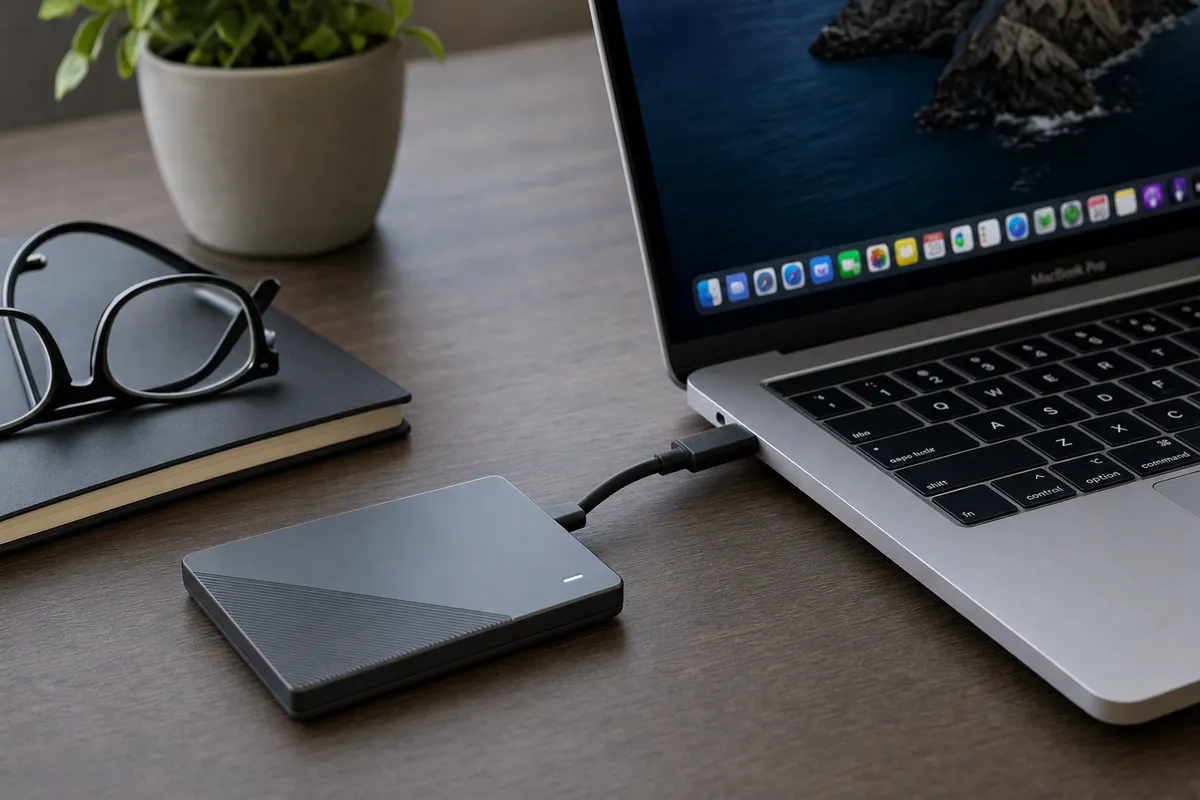 SSD portatile collegato con cavo a un MacBook Pro su una scrivania, con quaderno e occhiali accanto