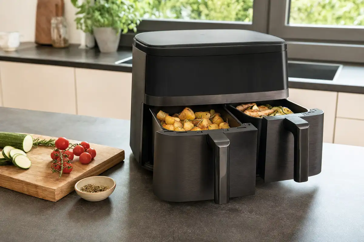 Friggitrice ad aria a doppio cassetto su piano cucina, con patate arrosto e pollo con verdure nei cestelli aperti