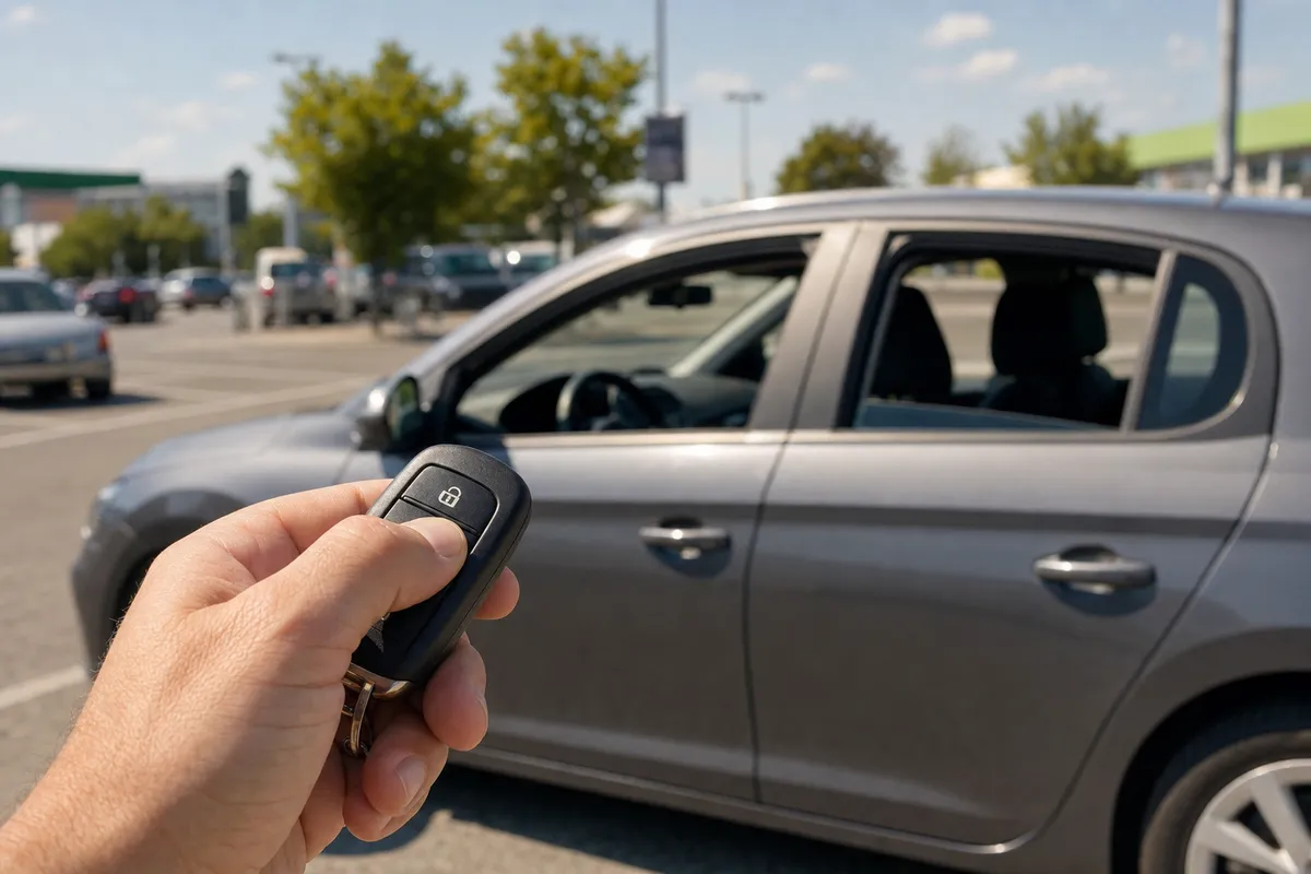 Mano che preme il pulsante di sblocco sul telecomando, con auto parcheggiata e finestrini abbassati sullo sfondo