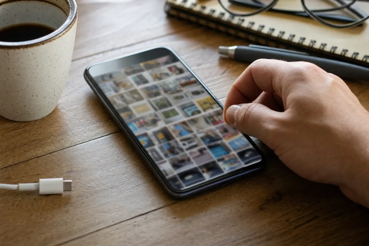 Smartphone su tavolo con griglia di foto sfocate e mano pronta a scorrere, accanto a tazza di caffè e cavo USB