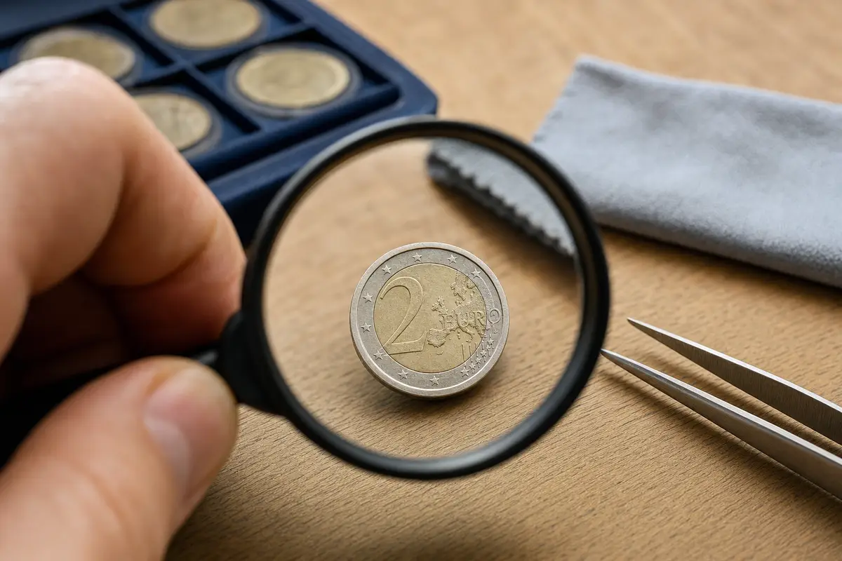 Lente d’ingrandimento su una moneta da 2 euro su un tavolo, con pinzette e panno da pulizia