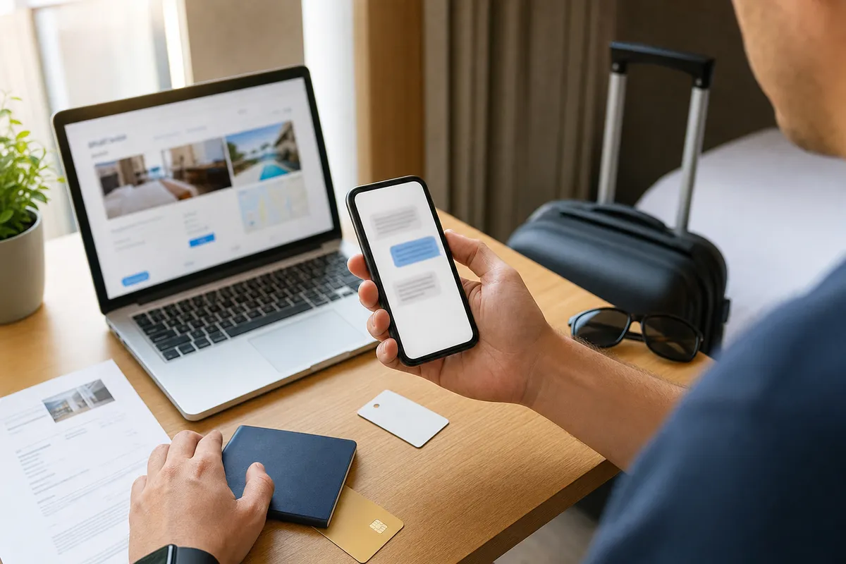 Viaggiatore con smartphone e laptop aperto su prenotazione hotel, con carta di credito e documenti sul tavolo