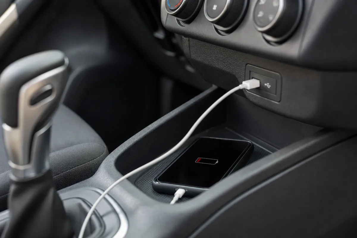 Smartphone con icona batteria quasi scarica collegato a una porta USB sul cruscotto dell’auto