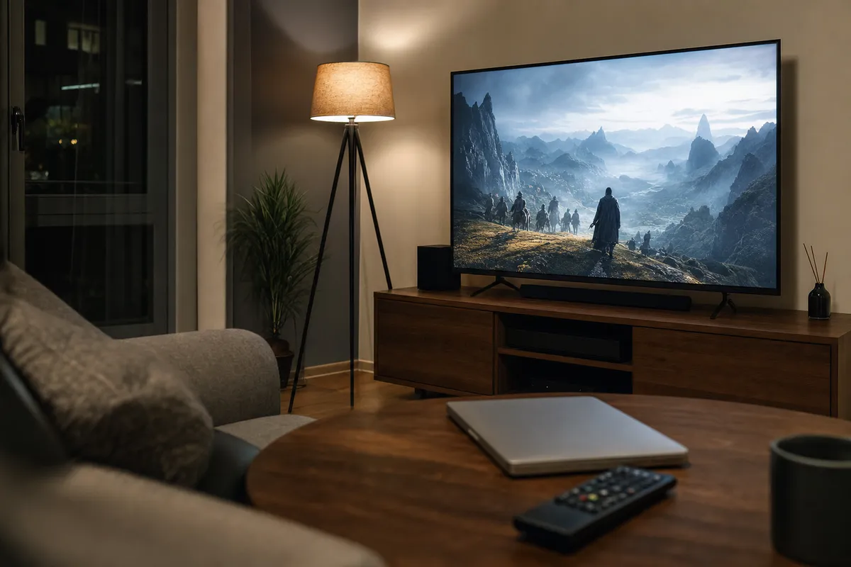 Soggiorno serale con TV accesa su scena cinematografica di montagna, laptop chiuso e telecomando sul tavolino