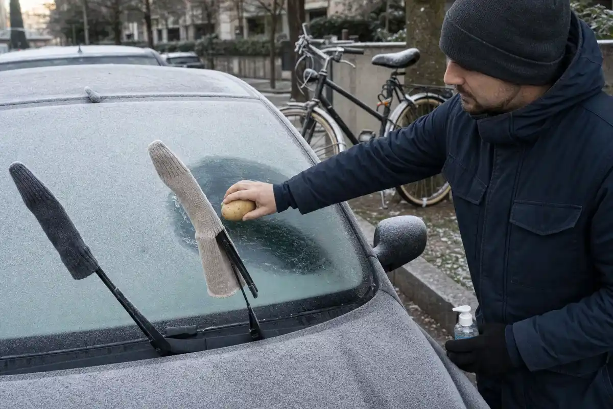 Uomo strofina una patata sul parabrezza ghiacciato; tergicristalli sollevati con calzini e flacone di gel in mano