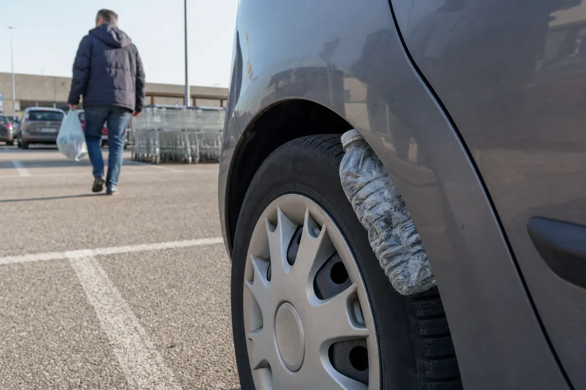 Bottiglietta di plastica schiacciata incastrata tra ruota posteriore e passaruota di un’auto in un parcheggio