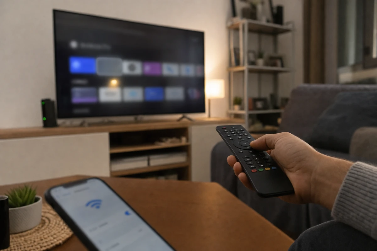 Mano con telecomando verso una Smart TV con menu sfocato, smartphone con icona Wi‑Fi su un tavolino