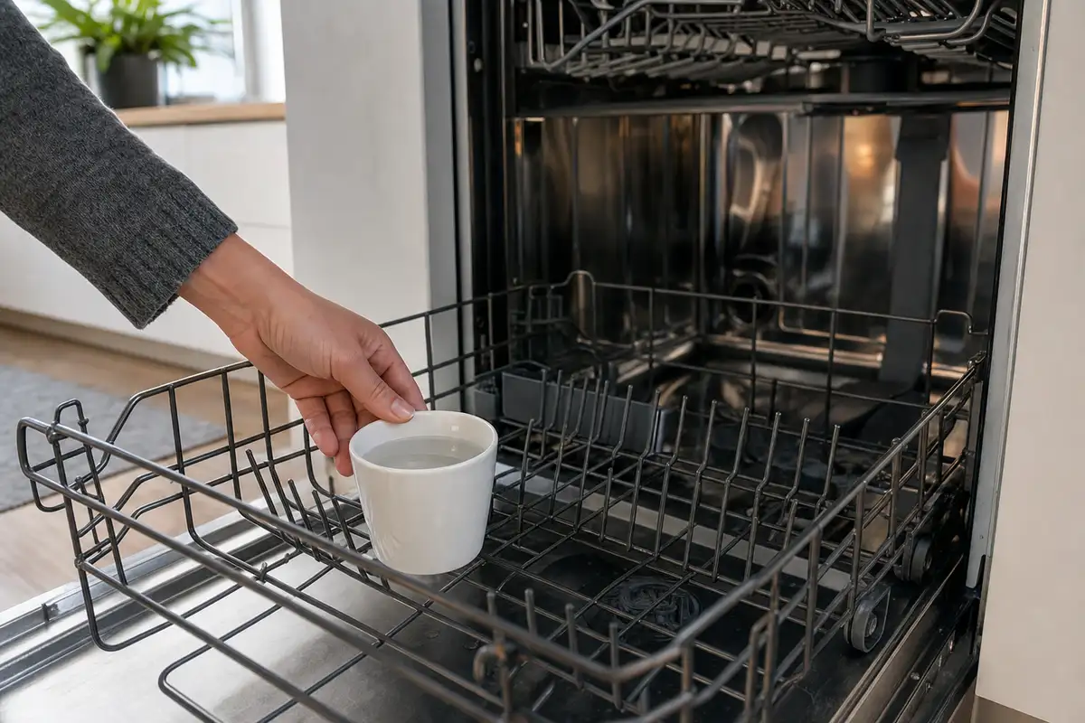 Mano che posa una tazza bianca con liquido nel cestello inferiore di una lavastoviglie aperta