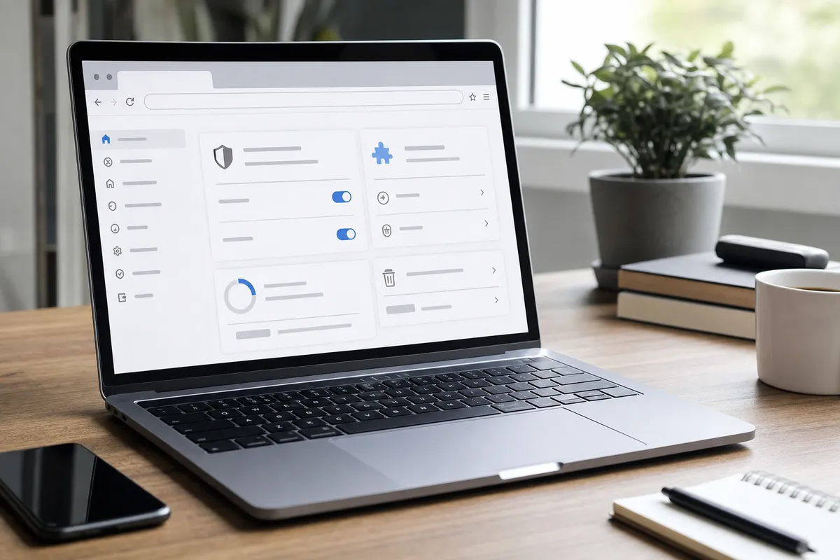 Laptop su scrivania con pagina di impostazioni del browser e icone di sicurezza e privacy, accanto a tazza di caffè