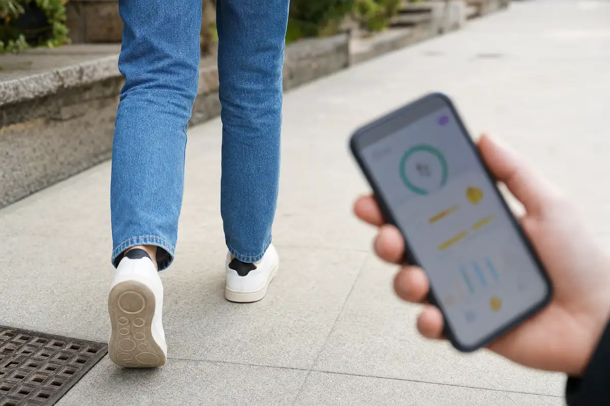 Persona che cammina su un marciapiede con jeans e sneaker, mentre una mano tiene uno smartphone con app contapassi sfocata