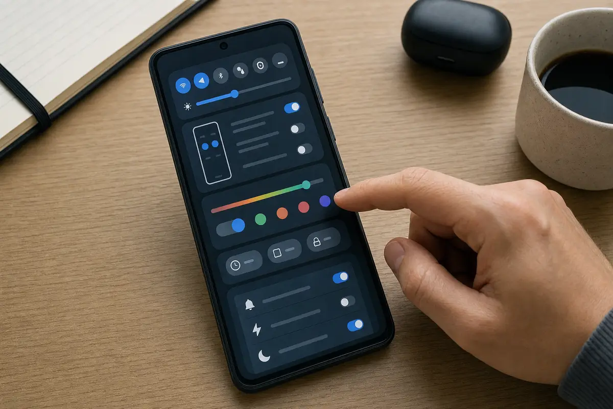 Mano che tocca un pannello di impostazioni su smartphone su scrivania in legno, con tasti e slider di personalizzazione
