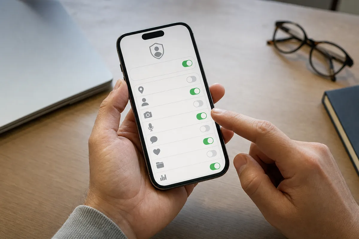 Mani che regolano i toggle delle impostazioni privacy su uno smartphone, su scrivania con laptop sfocato e occhiali