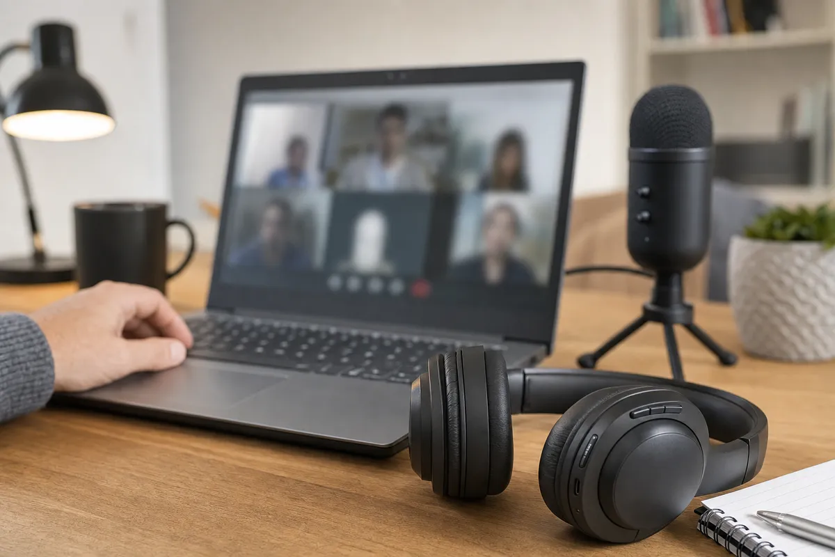Cuffie Bluetooth appoggiate su una scrivania davanti a un laptop con videochiamata sfocata e microfono da tavolo