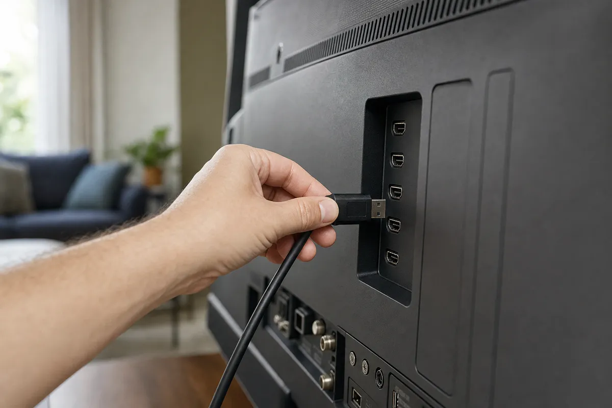 Mano che collega un cavo a una delle porte HDMI sul retro di una TV, con soggiorno sfocato sullo sfondo