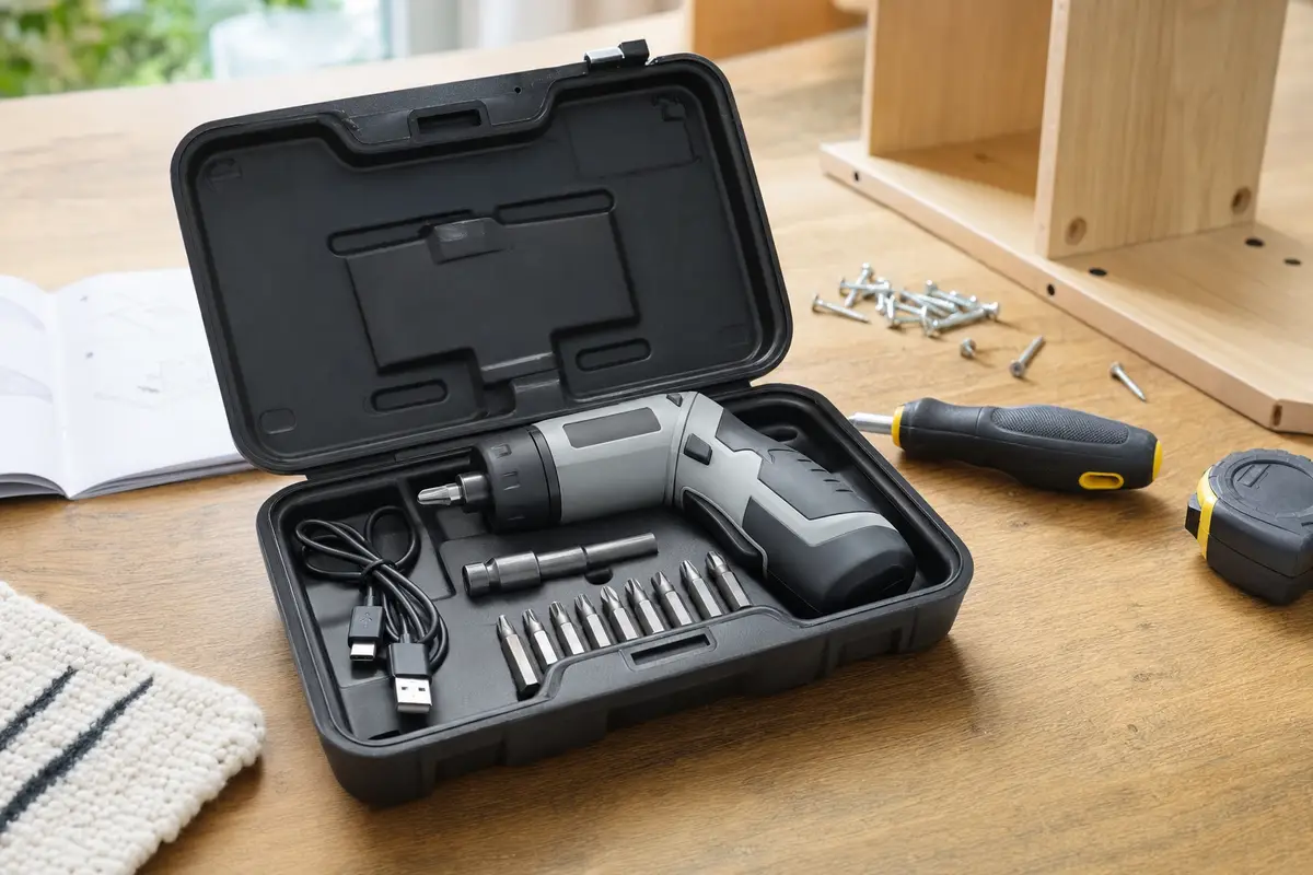 Avvitatore elettrico senza fili in valigetta aperta con punte e cavo USB su banco da lavoro in legno