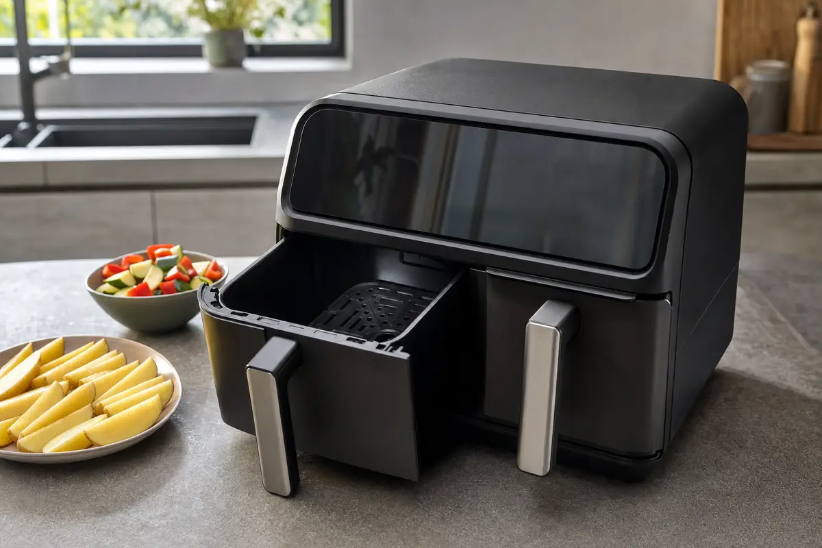 Friggitrice ad aria a doppio cestello nera su piano cucina, con un cestello aperto e patate e verdure a lato