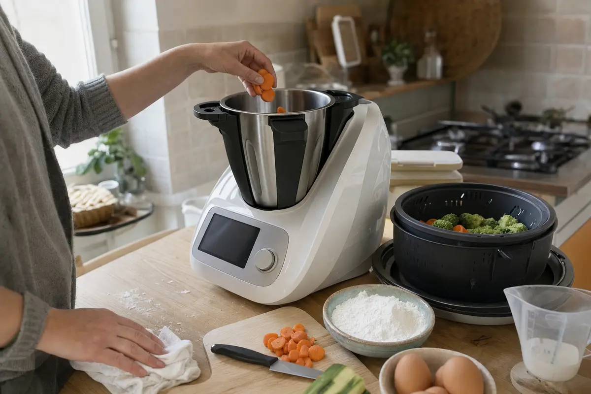 Mani che aggiungono carote in un robot da cucina multifunzione con ciotola in acciaio su piano in legno