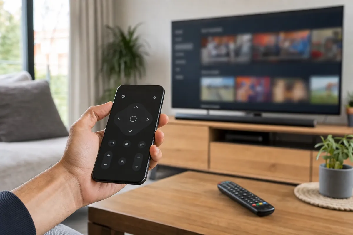 Mano che usa uno smartphone come telecomando per la smart TV, con telecomando fisico sul tavolino