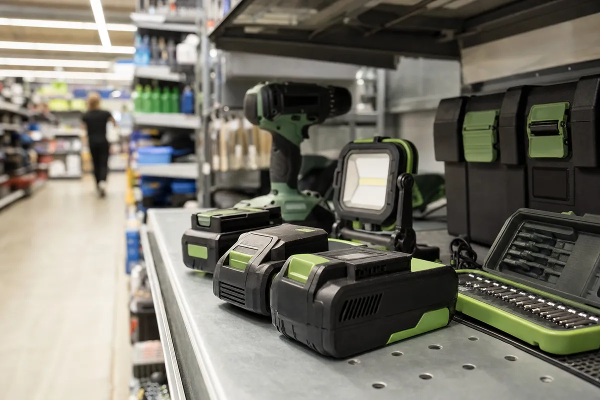 Batterie per utensili e accessori fai da te su uno scaffale in corsia negozio, con avvitatore e faro LED