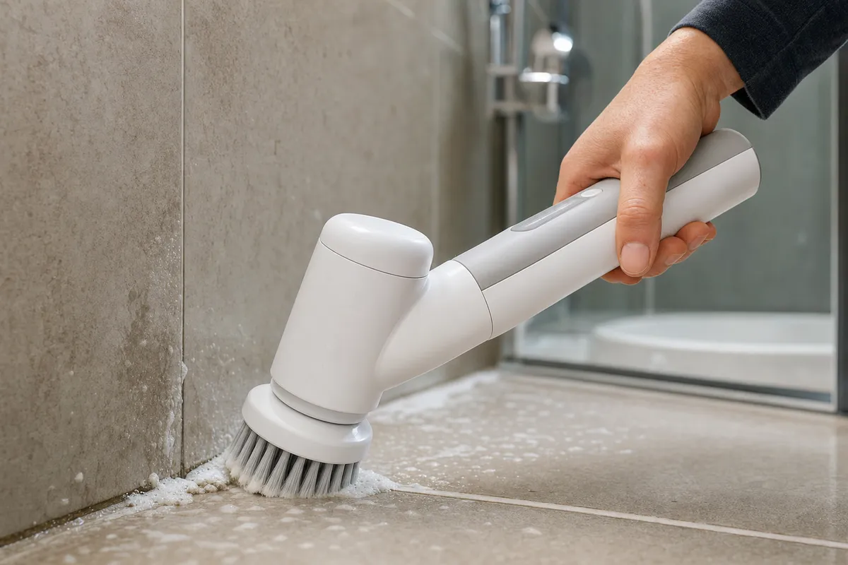 Mano usa una spazzola elettrica ricaricabile su piastrelle del bagno con schiuma lungo le fughe