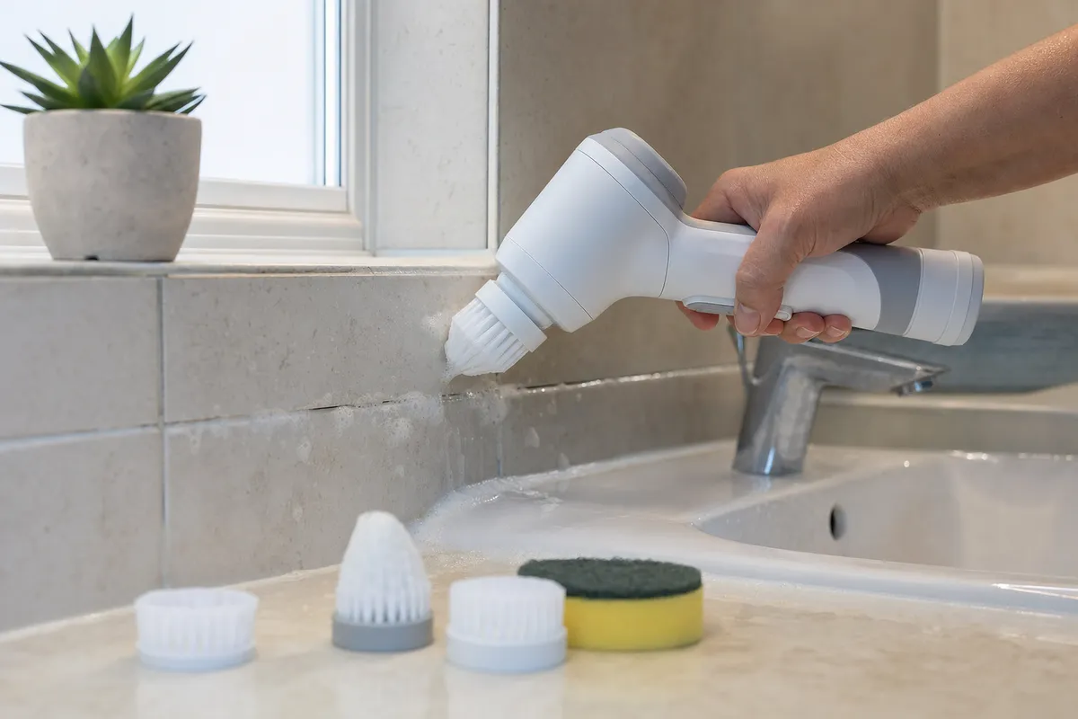 Spazzola elettrica ricaricabile usata per pulire le piastrelle del bagno vicino al lavandino, con schiuma