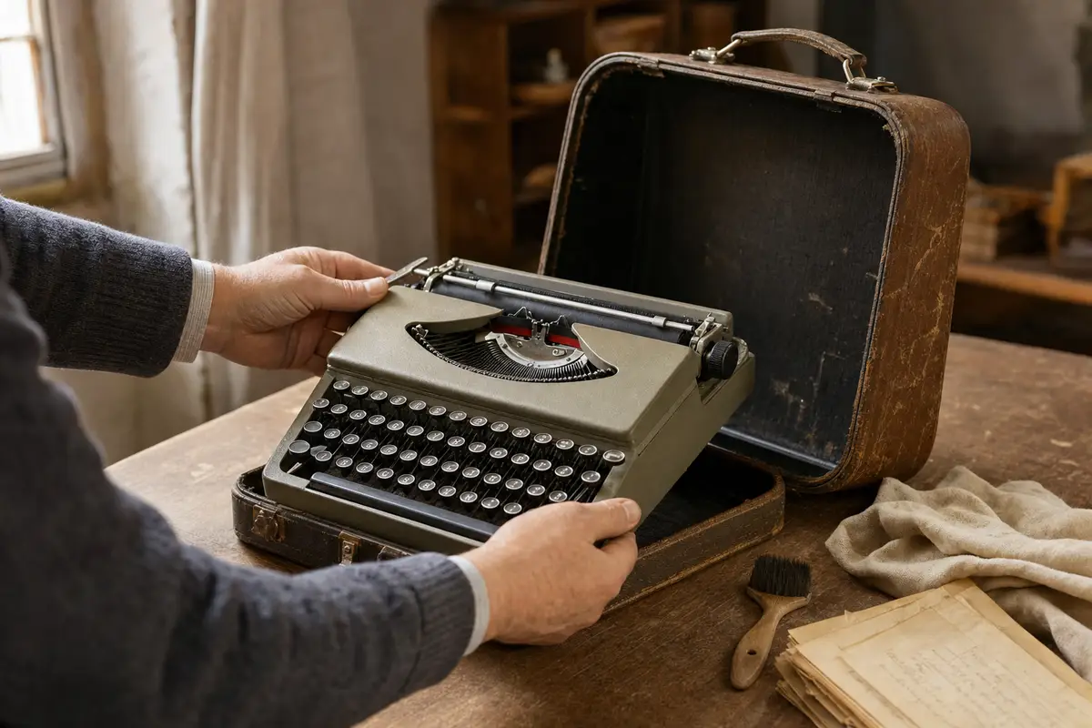 Mani che sollevano una macchina da scrivere portatile d’epoca dalla valigetta aperta su un tavolo di legno