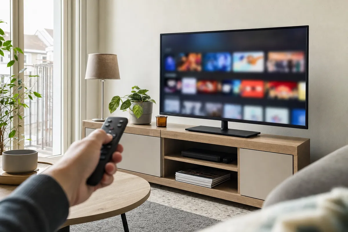Mano con telecomando puntato verso una Smart TV compatta su mobile, con interfaccia streaming sfocata in salotto