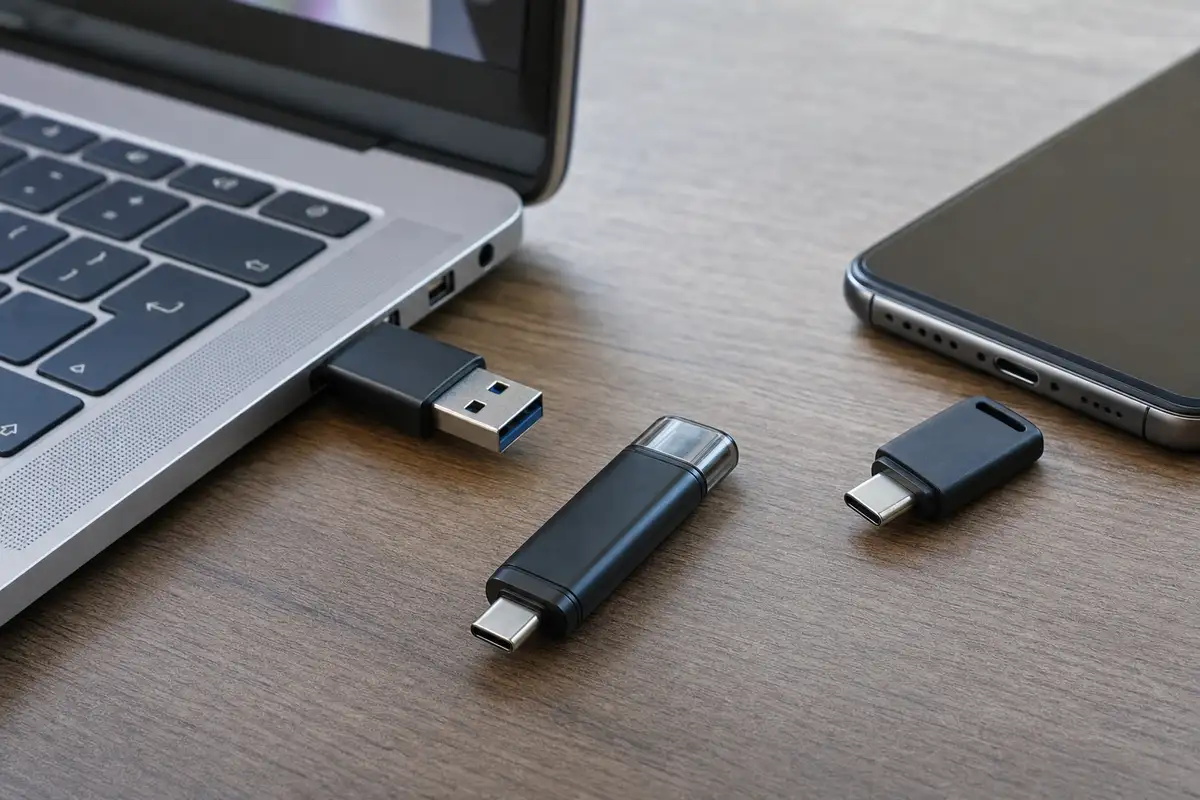 Chiavette USB con connettori USB-A e USB-C su una scrivania, con una inserita nel laptop e uno smartphone accanto