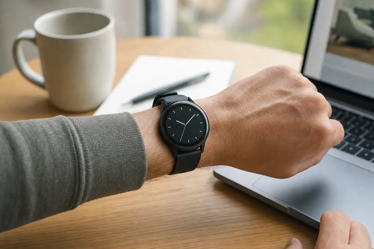 Polso con smartwatch rotondo nero su scrivania, con laptop, tazza e quaderno sfocati sullo sfondo